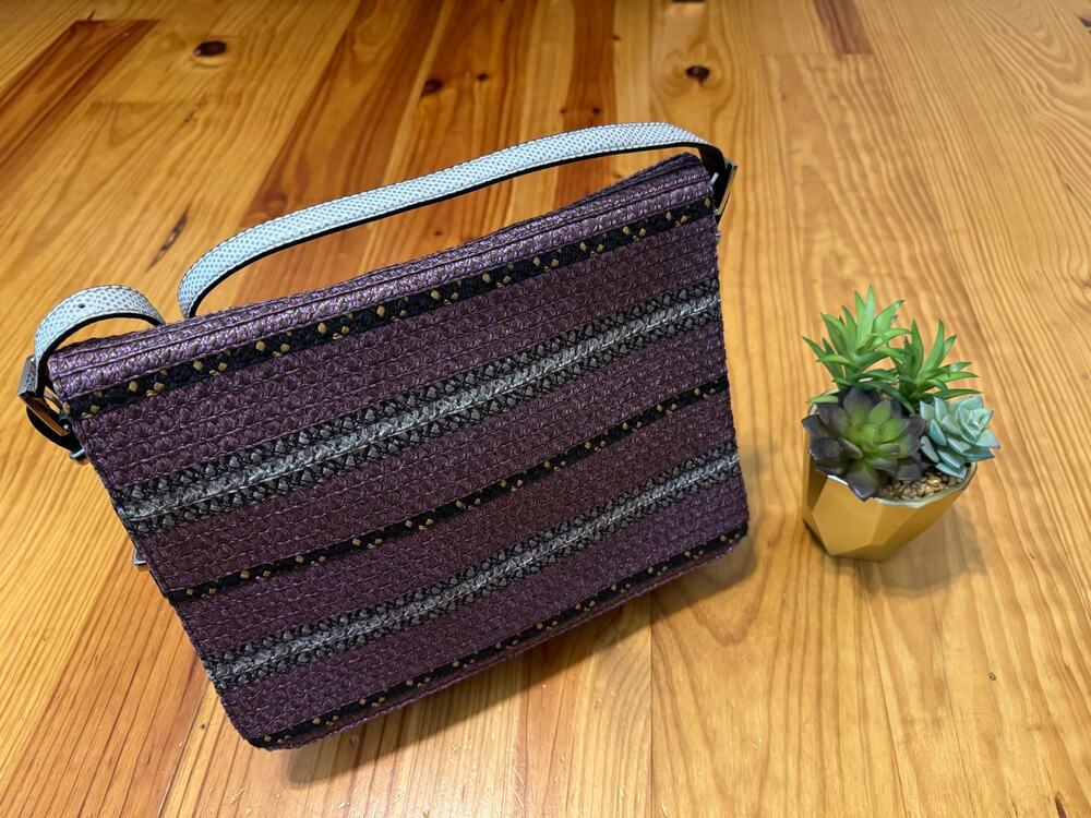 Eric Javits Squishee Purple Metallic Striped Straw Handbag Purse
